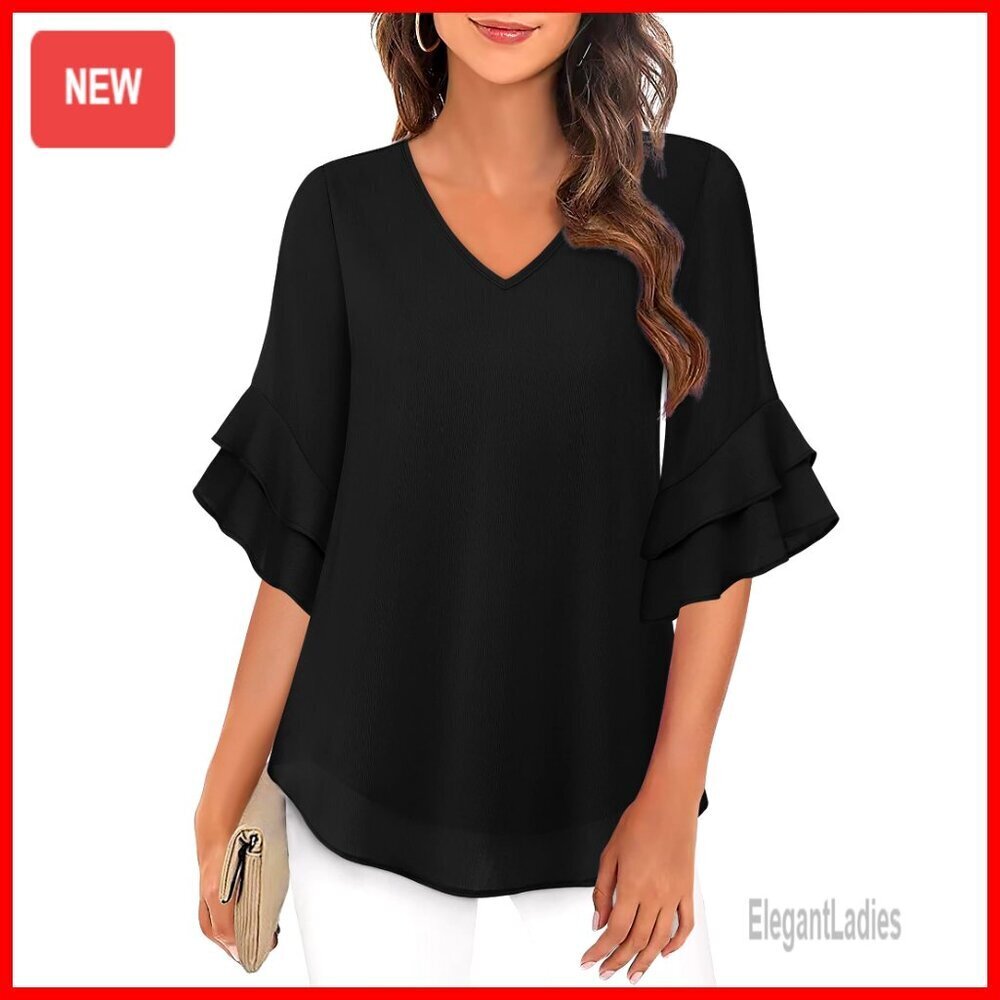 Elegant Double Layer Blouse 3/4 Sleeve Business Casual Chic Top Loose Fit